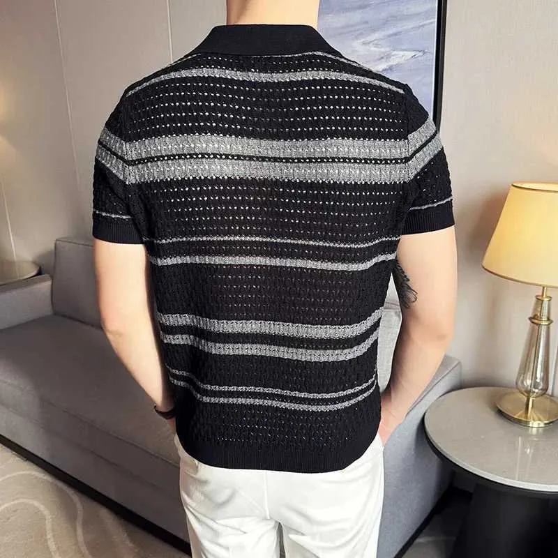 Men’s Knitted Polo Shirt Thin Summer Jacquard Pa...