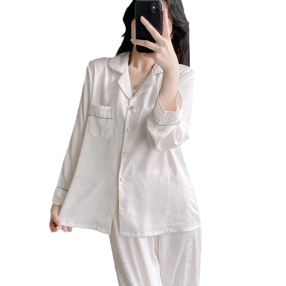 Women's Long-Sleeve Pajamas Silk Suit Cardigan Kor...