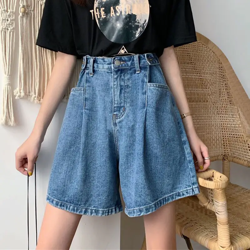 Women's High Waist Denim Shorts Wide Leg Straight Shorts Retro Street Slim Women Casual