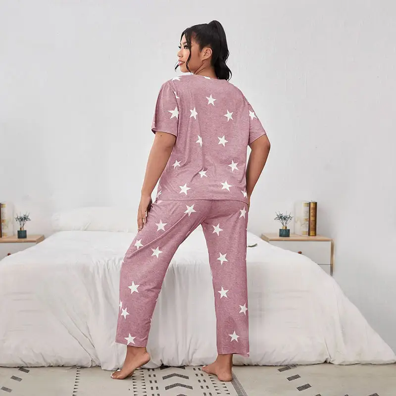 Big Size Pajamas For Women Summer Autumn Faux Cotton Pajama Set Short Sleeve Casual Loose Luxury Print Sleepwear