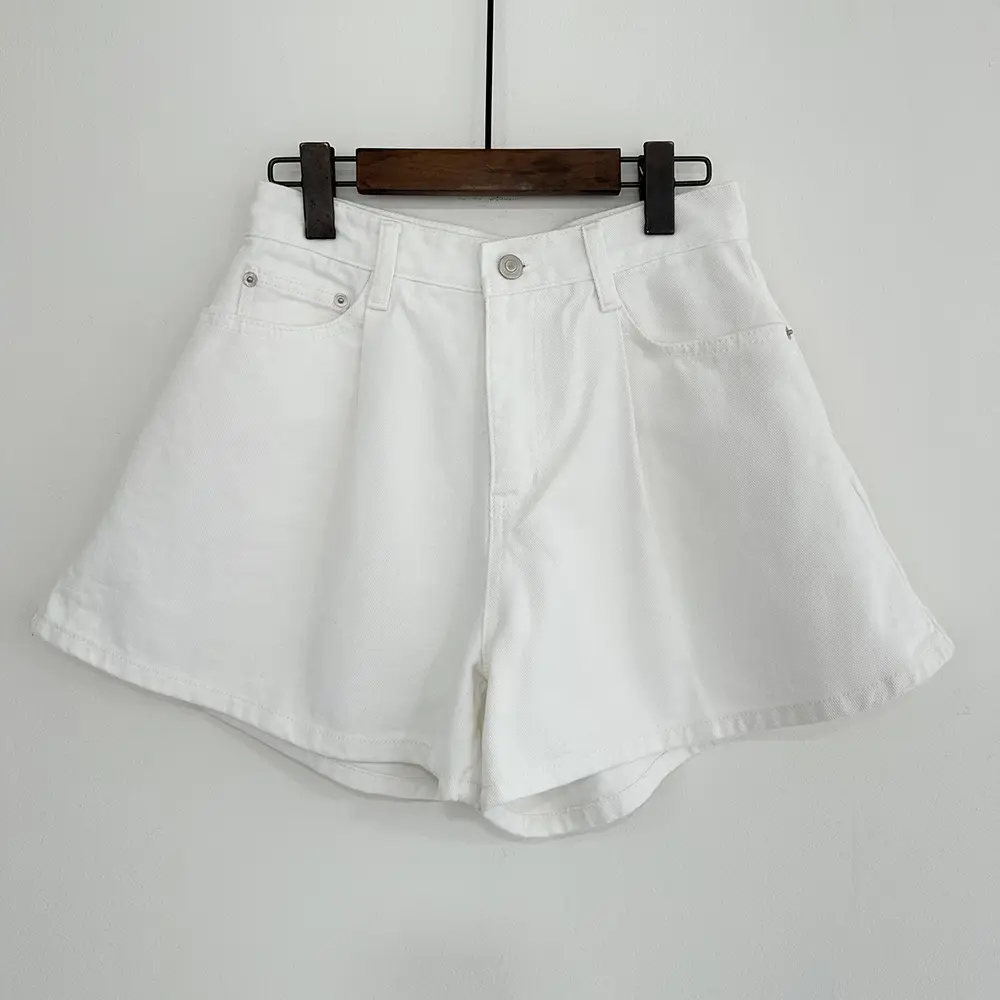 Summer washed high waist A-line denim shorts women pocket white casual loose wide leg jeans shorts women