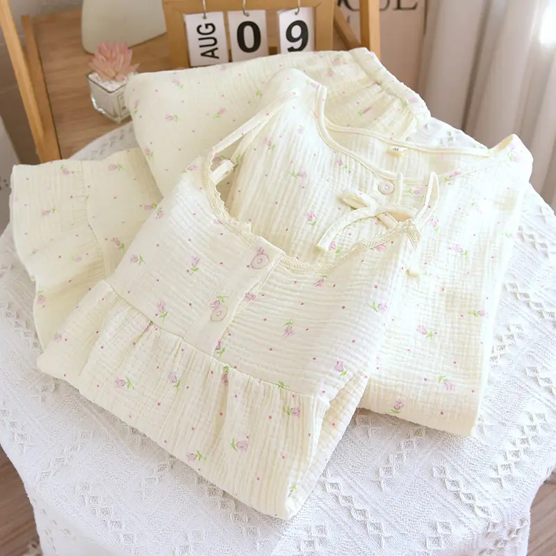Pure Cotton 3 Pieces Set Home Suit Sleepwear Women's Pajamas Pyjamas Spring Summer Floral Nightwear For Women Loungewear