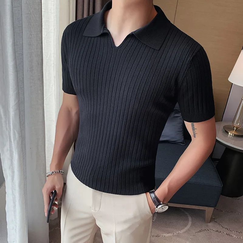 Men's Slim Fit Polo Shirt Knitted Short Sleeve V-n...
