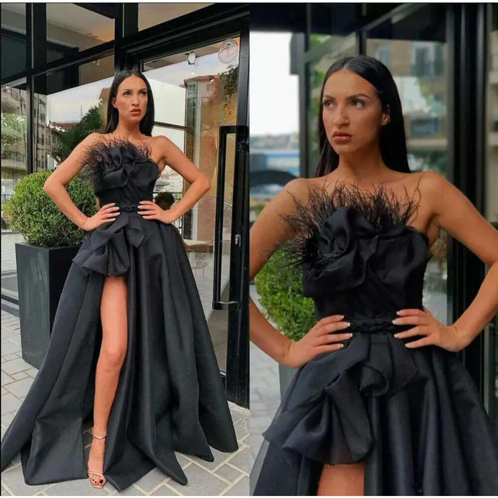 Black Evening Dresses Strapless Satin Feather High...