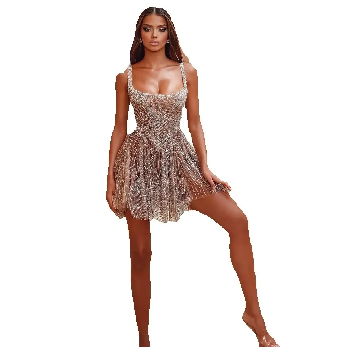 Sexy Beaded Short Prom Dress Fashion Sleeveless Sq...