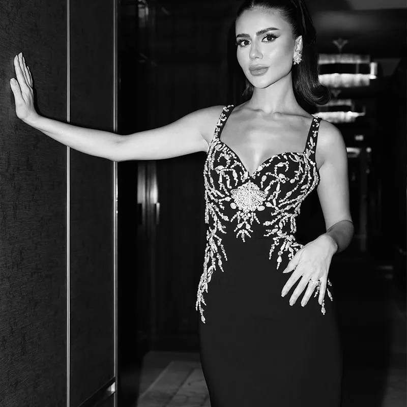Black Bandage Casual Party Evening Dresses Strap Sheath Woman Formal Gowns Beading Elegant Specail Occasion Dress With Beads