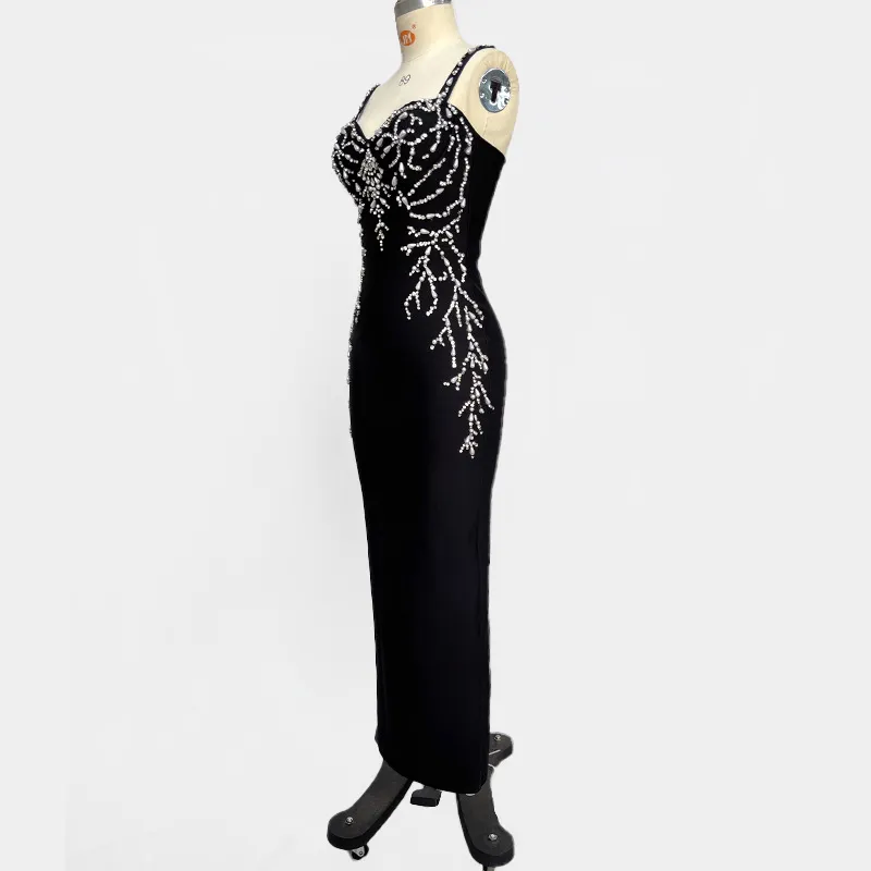 Black Bandage Casual Party Evening Dresses Strap Sheath Woman Formal Gowns Beading Elegant Specail Occasion Dress With Beads