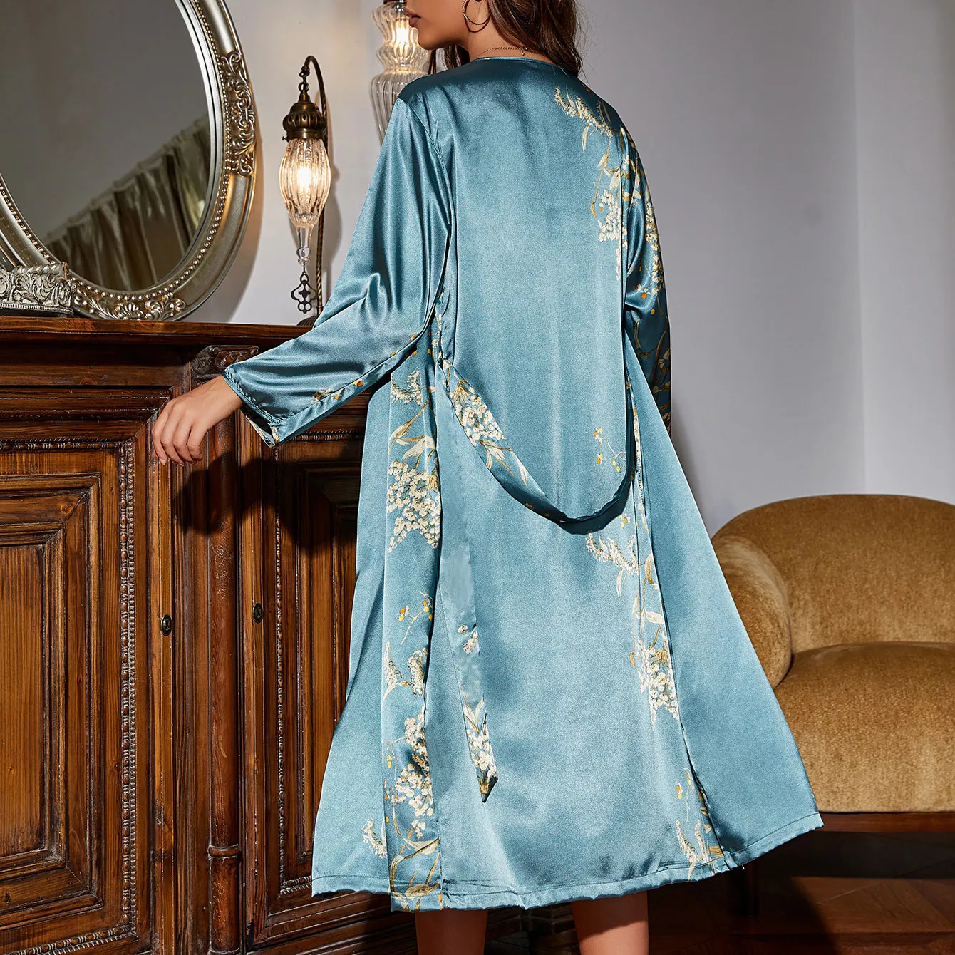 Sexy Morning Robe Strap Sleeping Skirt Set Ice Silk Sleepwear Home Clothes Sleeping Robe Spring and Summer Two piece Skirt Set