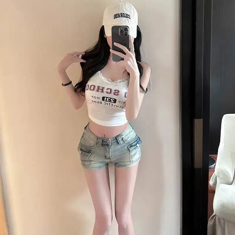 Women's Multi Pocket Design Light Color Denim Shorts Cool Girl High Waist Mini Trousers Female Summer Sexy Hot Pants