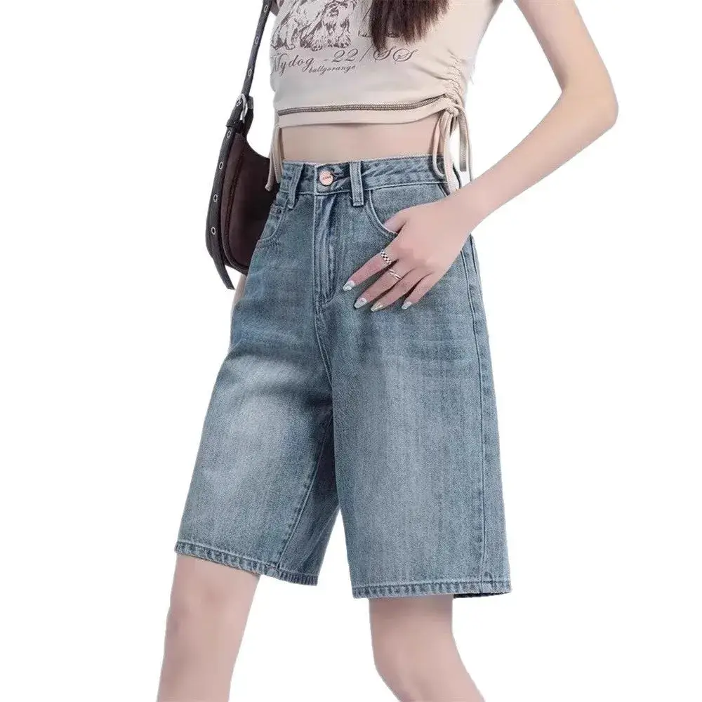 Fashion Simple High Waist Denim Shorts Women's Summer Thin Straight Wide Leg Mid-Length Pants