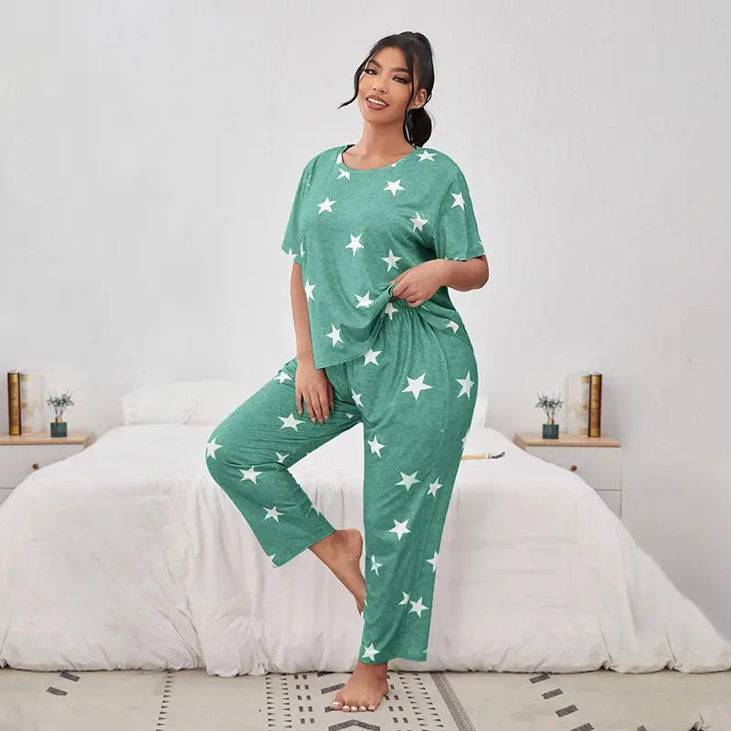 Big Size Pajamas For Women Summer Autumn Faux Cotton Pajama Set Short Sleeve Casual Loose Luxury Print Sleepwear