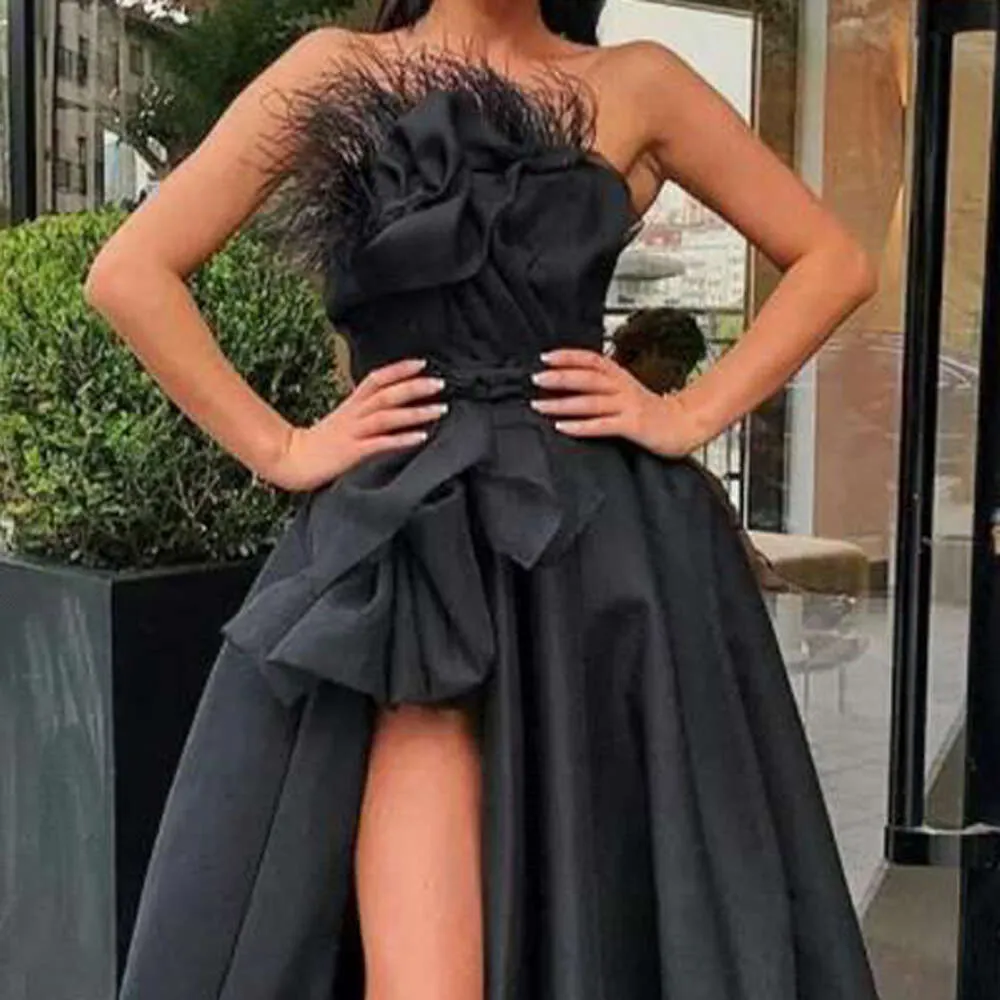 Black Evening Dresses Strapless Satin Feather High Split Sweep Train Formal Party Prom Gowns tail Robe De Soiree