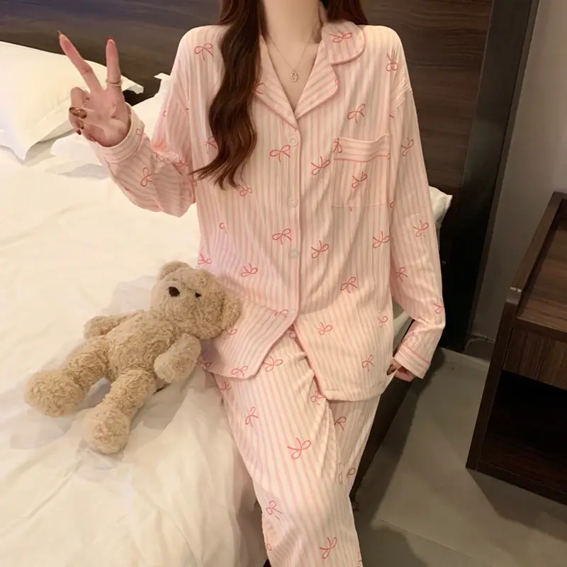 Striped Nightwear Women High Quality Spring and Summer Cardigan Pajamas Casual Set Loungewear Two Piece Set Sleepwear