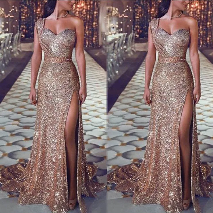 One Shoulder Mermaid Evening Dresses Side Split Sequins Long Formal Prom Gowns Red Carpet Dress