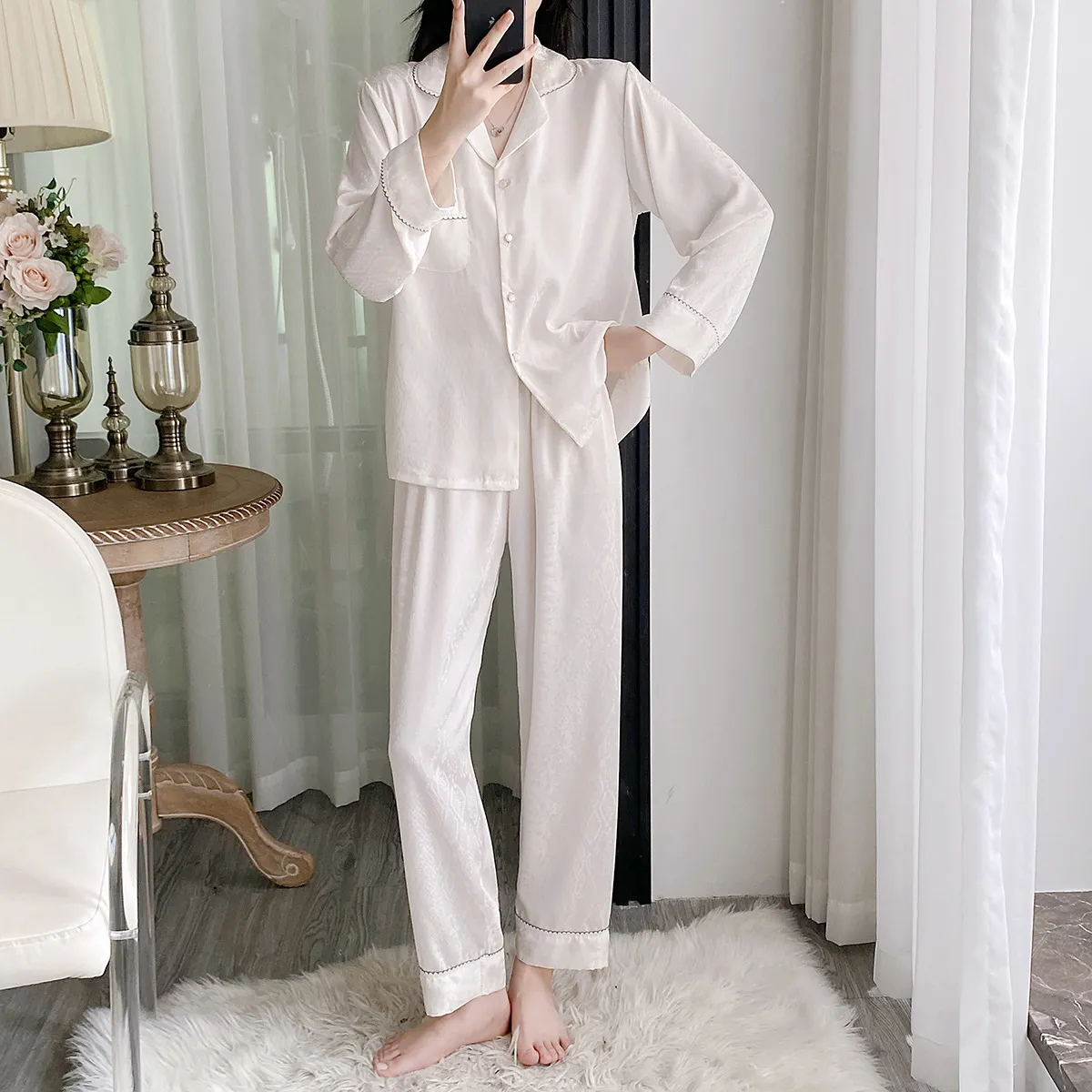 Women's Long-Sleeve Pajamas Silk Suit Cardigan Korean Version Loungewear Striped Ice Silk Outer Thin