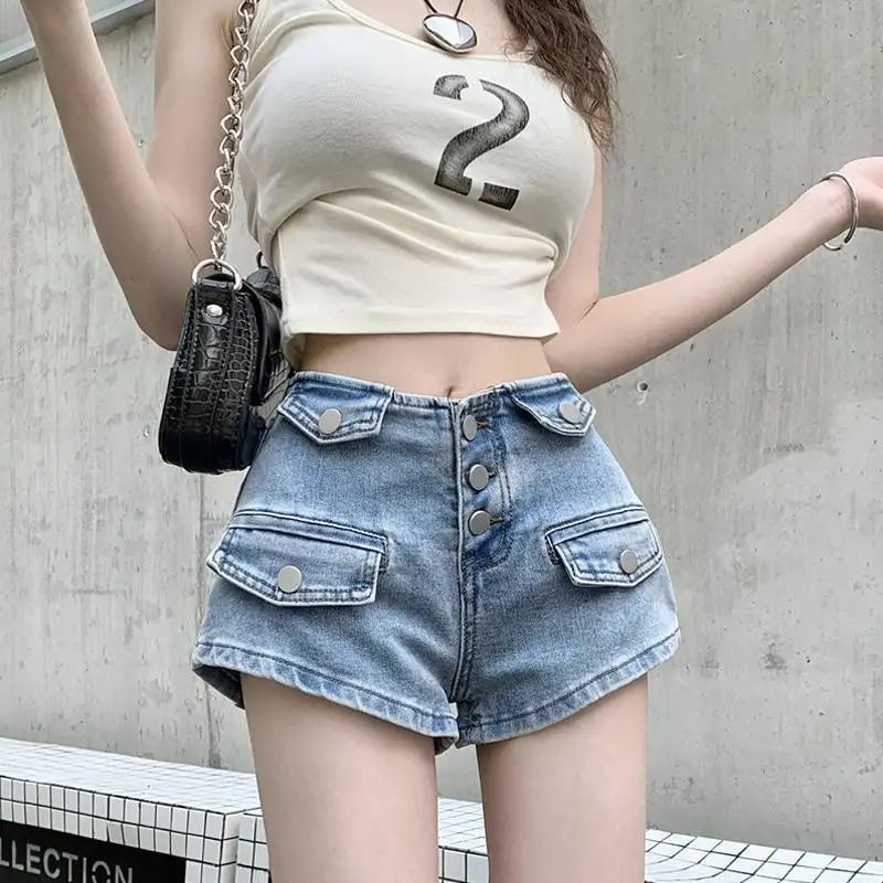 Retro Sexy Hot Girl Denim Shorts Women's Fashion Temperament Solid Color Wide Leg Simple Hot Pants