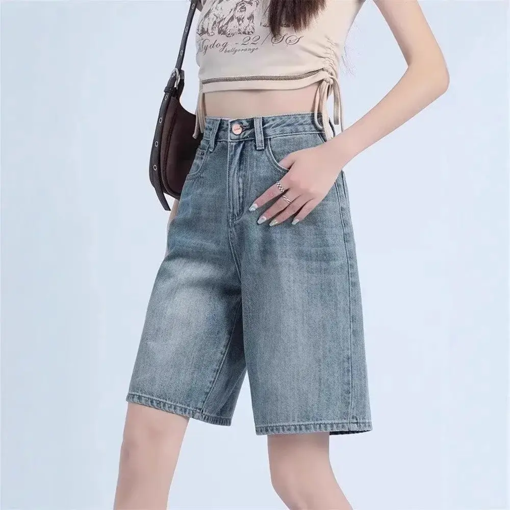 Fashion Simple High Waist Denim Shorts Women's Sum...