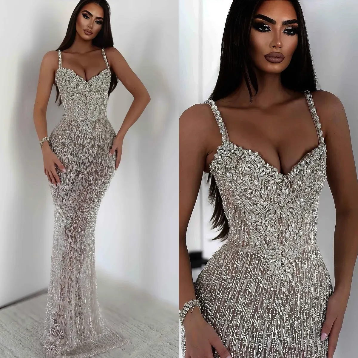 Gorgeous Crystal Prom Dresses Elegant Beaded Spaghetti Straps Evening Dress Floor Length Rhinestones Party Gown
