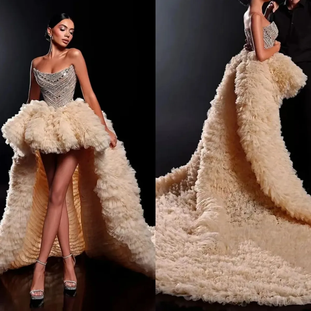 Puffy High-Low Evening Dress Beaded Crystal Strapl...
