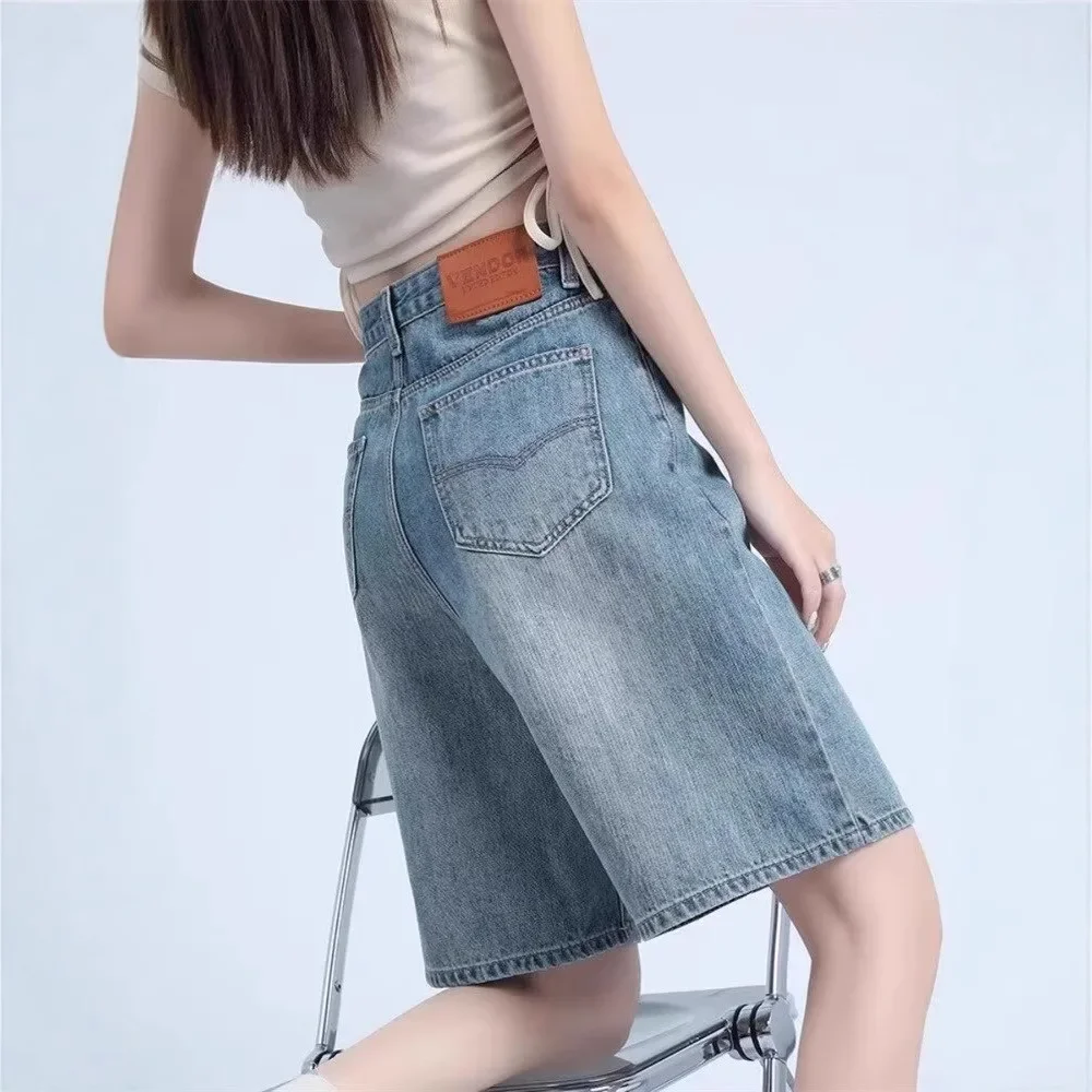 Fashion Simple High Waist Denim Shorts Women's Summer Thin Straight Wide Leg Mid-Length Pants