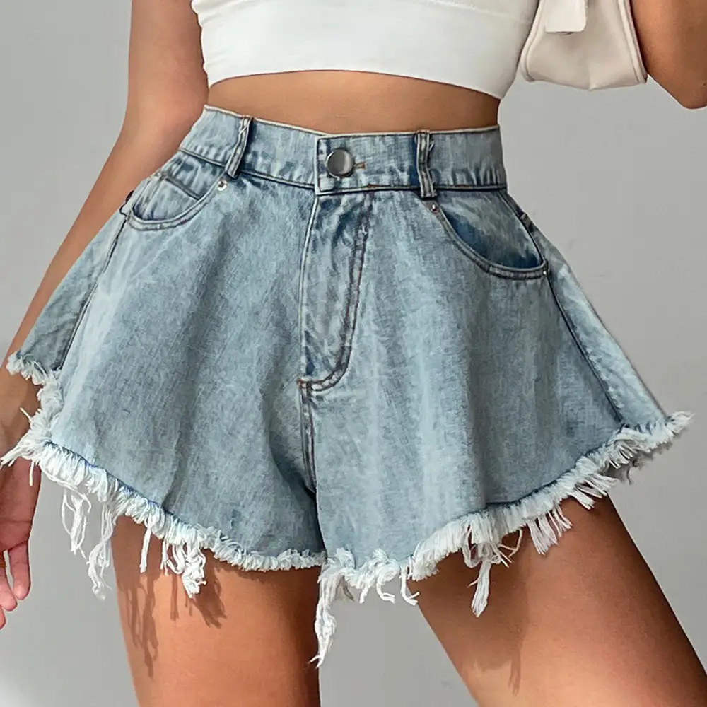 Women's Ripped Denim Shorts High Waist Loose Fringe Jeans