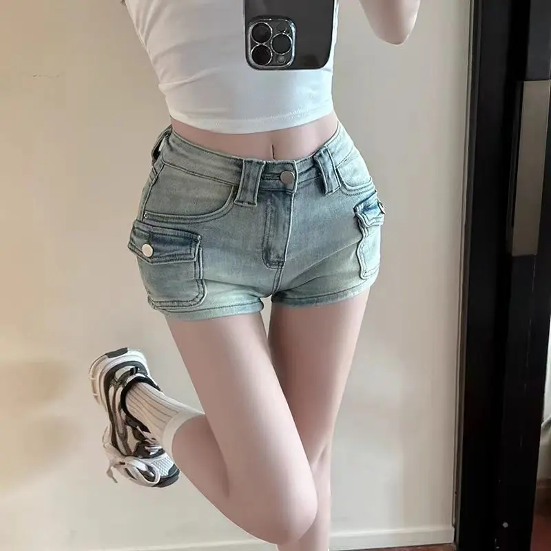 Women's Multi Pocket Design Light Color Denim Shor...