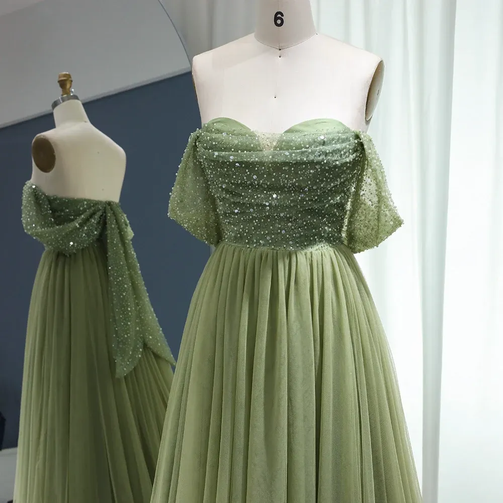 Green Elegant Off Shoulder Evening Dresses for Women Luxury Beaded Long Dresses Party Gown