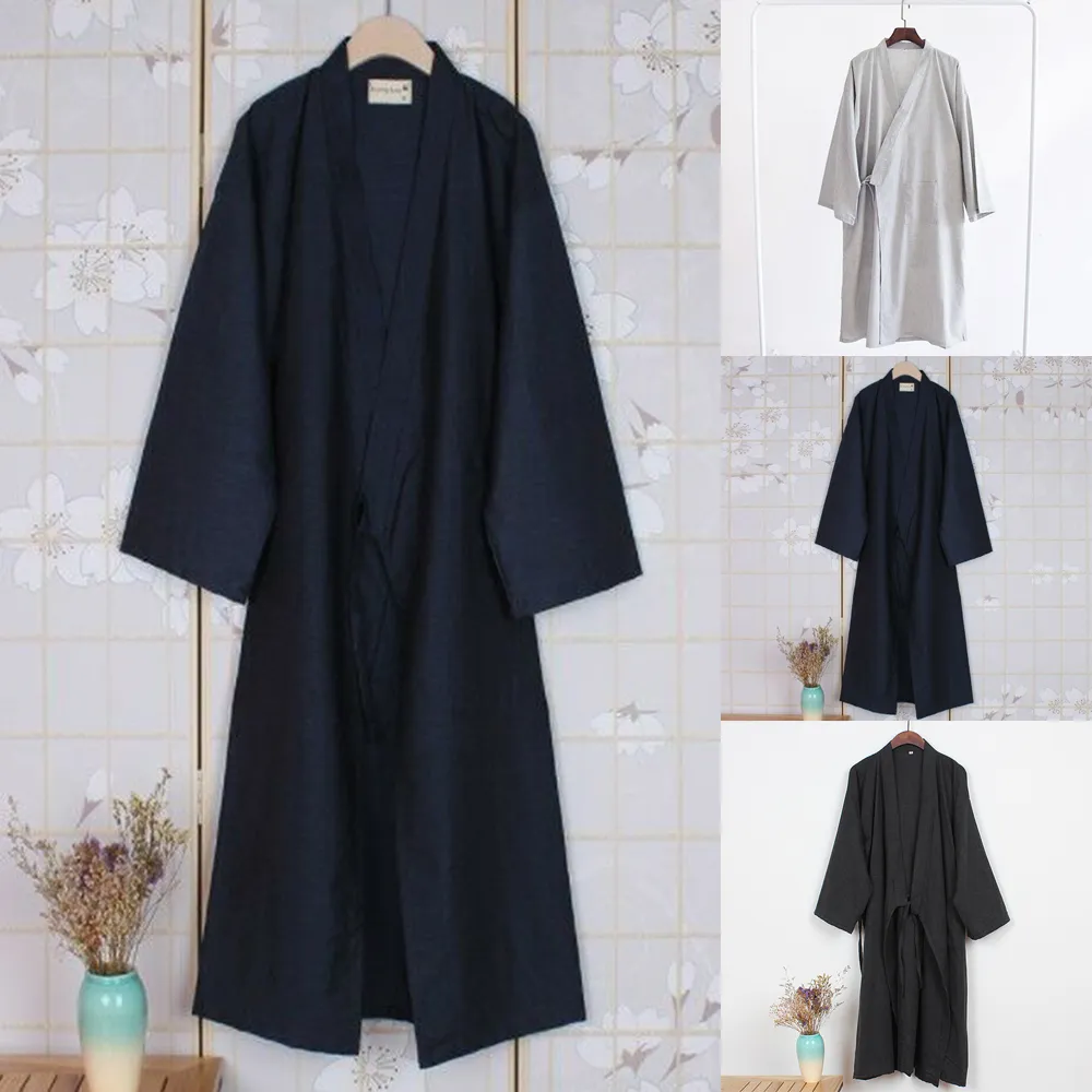 Men Casual Solid Color JSleepwear Long Bath Robe P...
