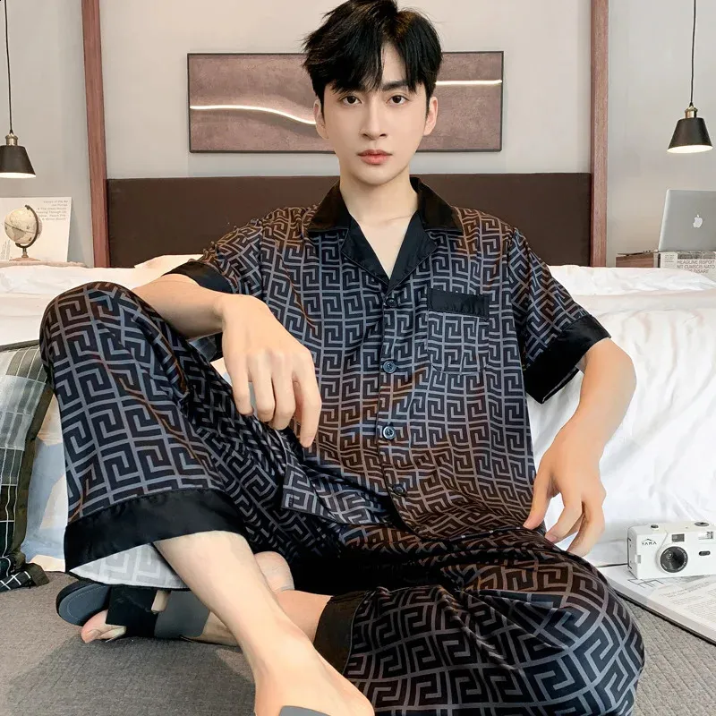 High Quality Pajamas Set Mens Ice Silk Short-sleev...