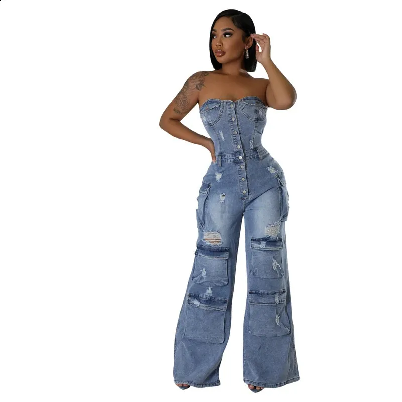 Streetwear Ripped Jeans Jumpsuits Fall Clothes Wom...
