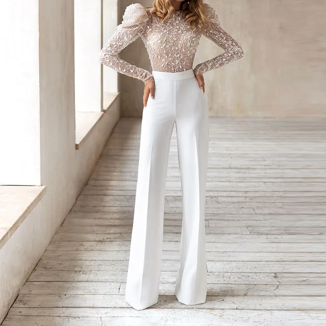 Women White Jumpsuit Rompers Lace Long Overalls Tr...