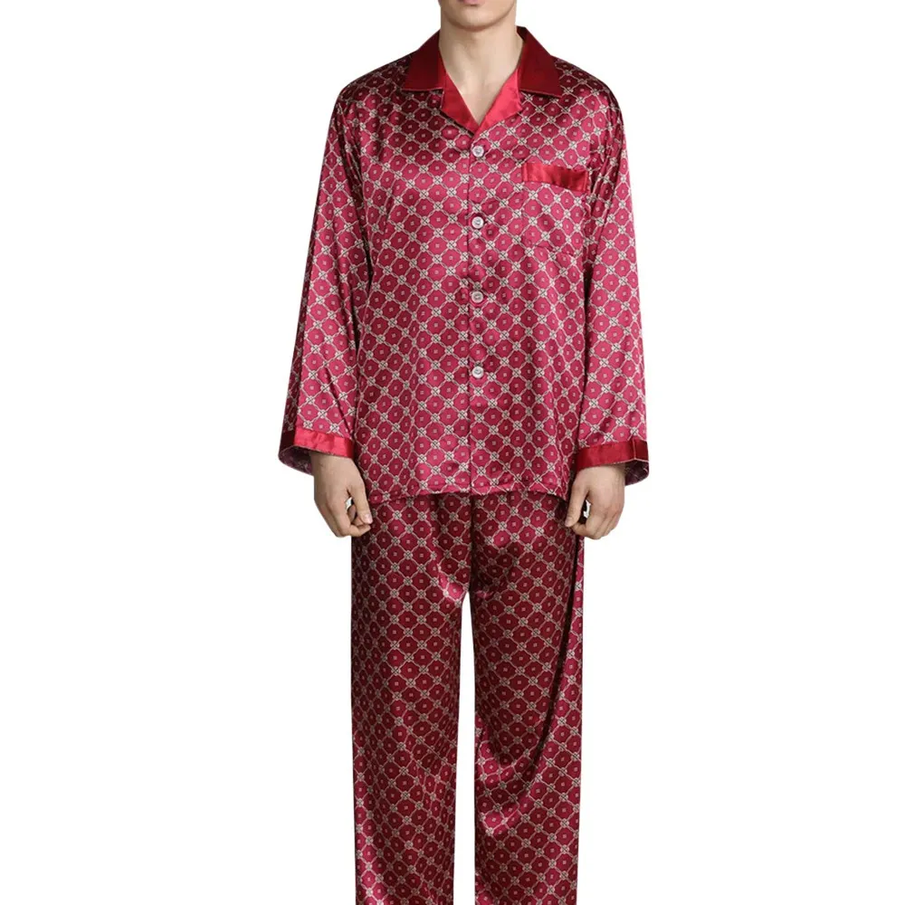 Mens Satin Silk Pajama Sets Sleepwear Casual Night...