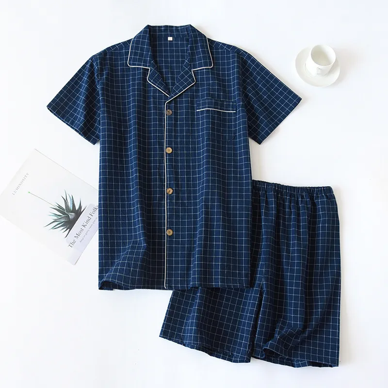 Men's Sleepwear Men's Shortsleeved Shorts Sets Summer Thin Yarndyed Lounge Sets Washed Cotton Large Plaid Pajamas Set Pijama Sleep Wear Men