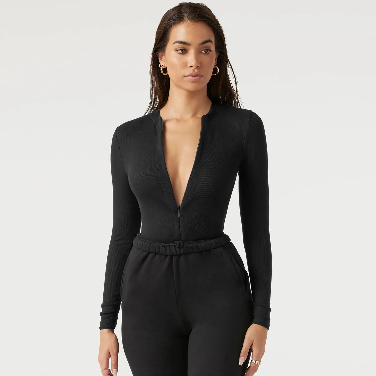 Women's Jumpsuits Rompers Solid Women Long Sleeve Bodysuit Shoulder Pad V Neck Bodycon Sexy Streetwear Elegant Body Romper