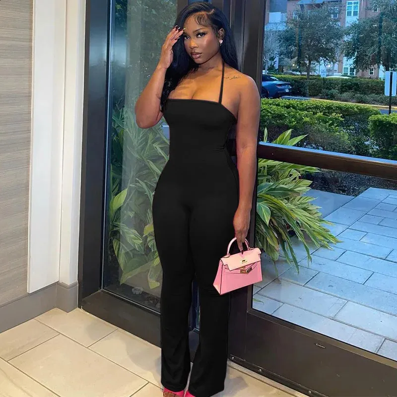 Solid Sleeveless Backless Sexy Bodycon Flare Pants...