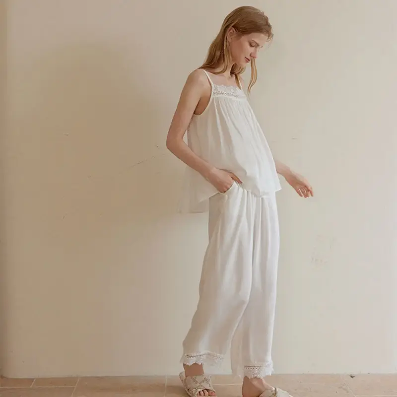 100% Viscose Sleeveless Long Pants Spaghtti Strap Pajamas Sets For Women Soloid Color Loose Comfortable Nightwear
