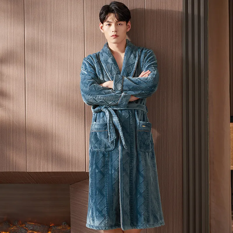 Men Sleepwear Long Robes Winter Flannel Thicken Te...
