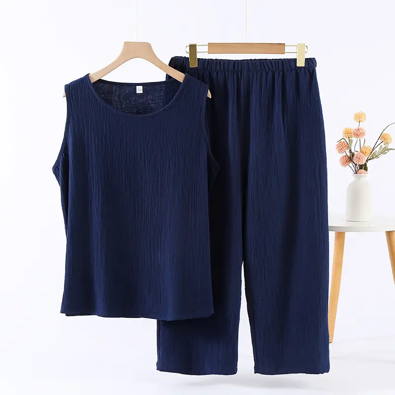 Women's Summer Suit Gauze Cotton Pyjama Sleeveless 2 Piece Set Sleepwear Woman Pajamas Loose Night Wear Female Loungewear