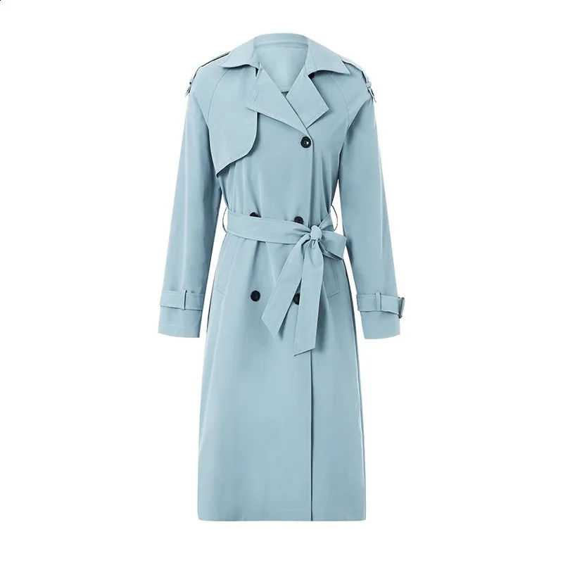 Women Double Breasted Long Trench Coat Classic Lapel Long Sleeved Casual Windproof Coat With Shoulder Straps