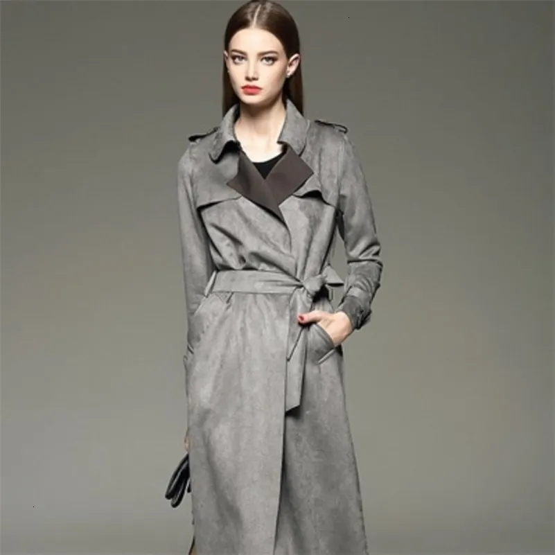 Autumn Winter Trench Coat Women Fashion Long Slim Thin Windbreaker Suede Deerskin Velvet Elegant Slim Trenchcoat