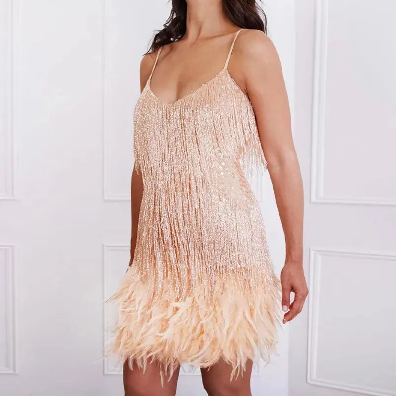 Women's Sexy Mini Dress Shiny Tassel Sequin Feathe...