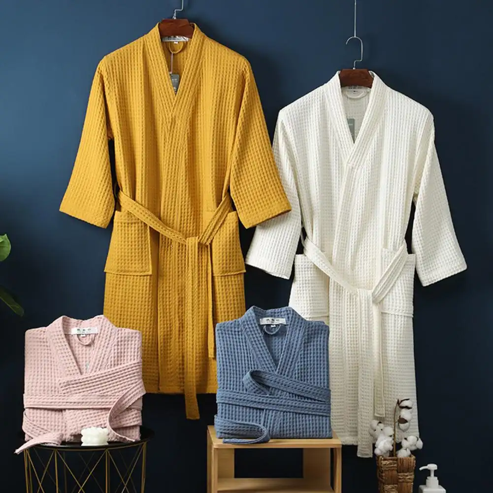 Long Waffle Bathrobe Men's V Neck Lace-up Nightgow...