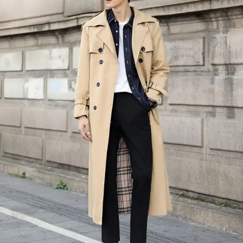 Trench Coat Super Long Windbreaker for Men Version Double Breasted Men's Jacket Coat Business Casual Techwear Coat