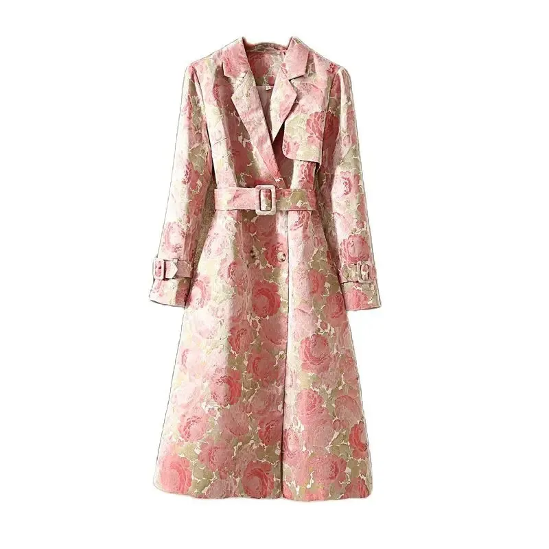 Street Clothing Jacquard Windproof Women Elegant Trench Coat Spring And Autumn Collar Long Coat Women Belt Coat