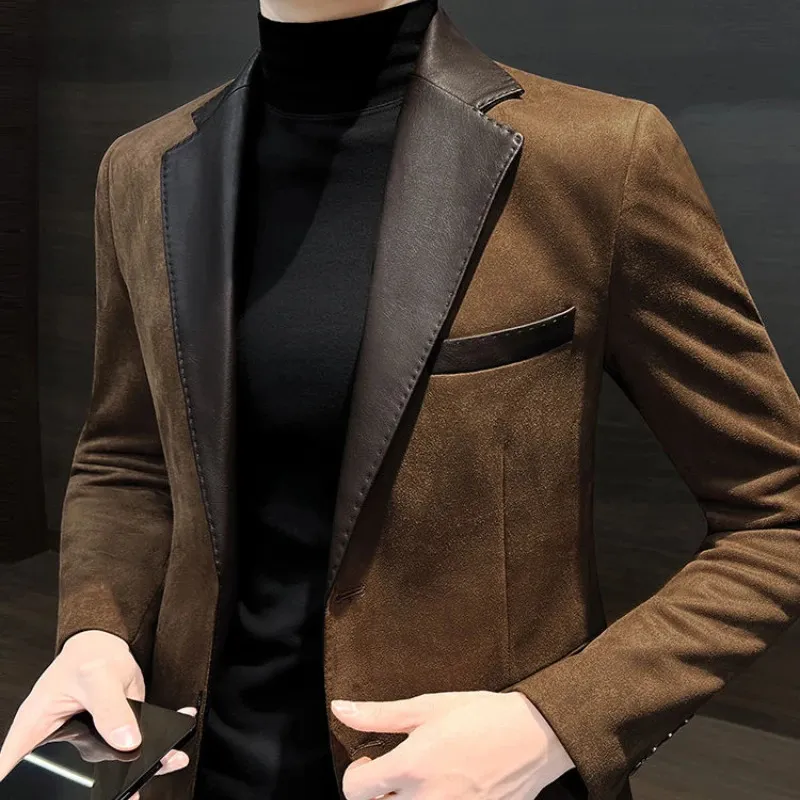 Single Breasted Splicing In Jacket for Men Vintage Coats High Quality Spring Clothes Man Suits and Blazers