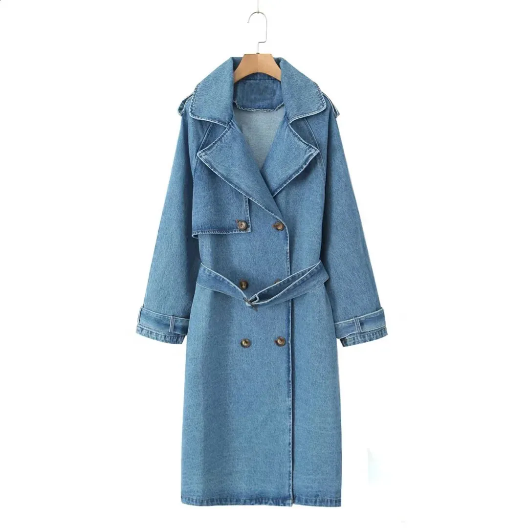 Women Denim Trench Coat Autumn Winter With Belt Blue Jeans Long Coat Double Breasted Long Jeans