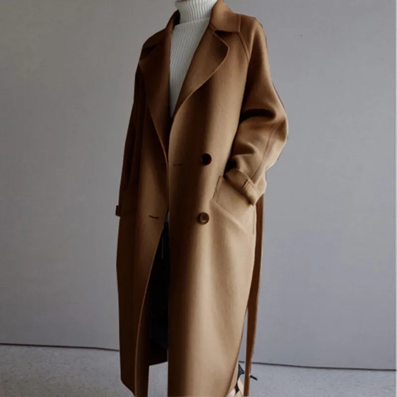 Women Trench Coats Woman Winter Beige Black Elegant Wool Coat Women Fashion Solid Long Sleeve Vintage Minimalist Woolen Overcoat