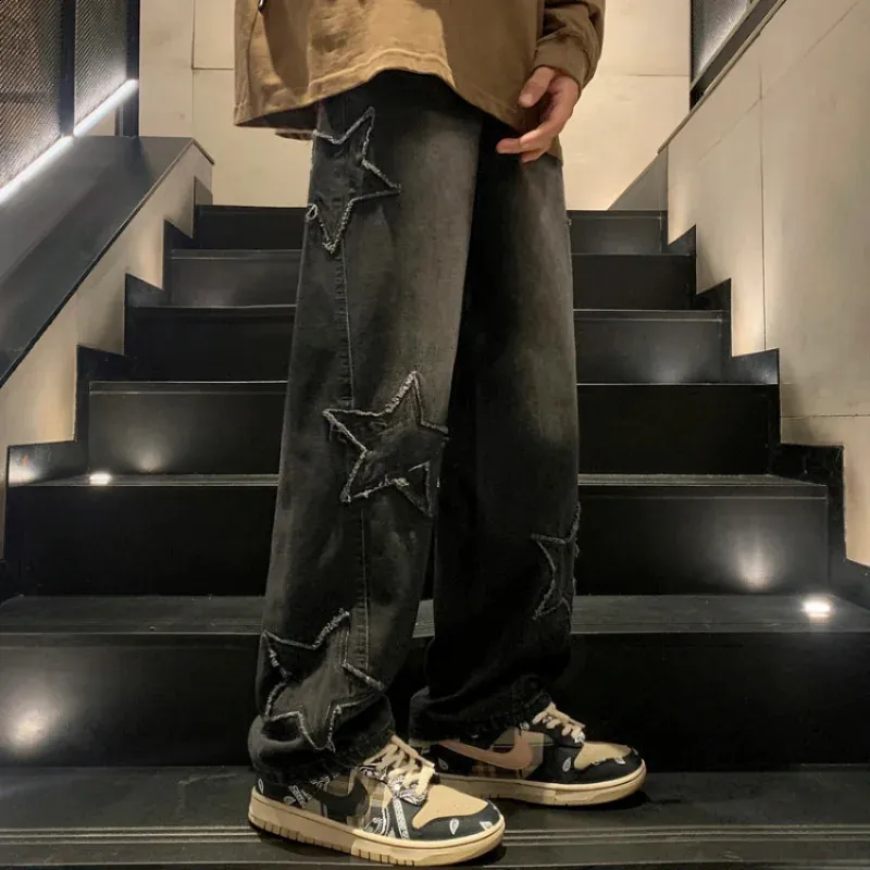 Men's Retro Straight Wide Leg Jeans Streetwear Tre...