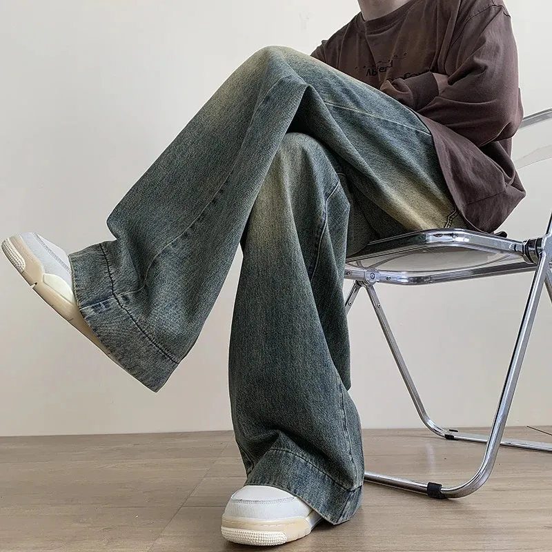 Men's Ripped Vintage Blue Jeans Loose Wide Leg Str...