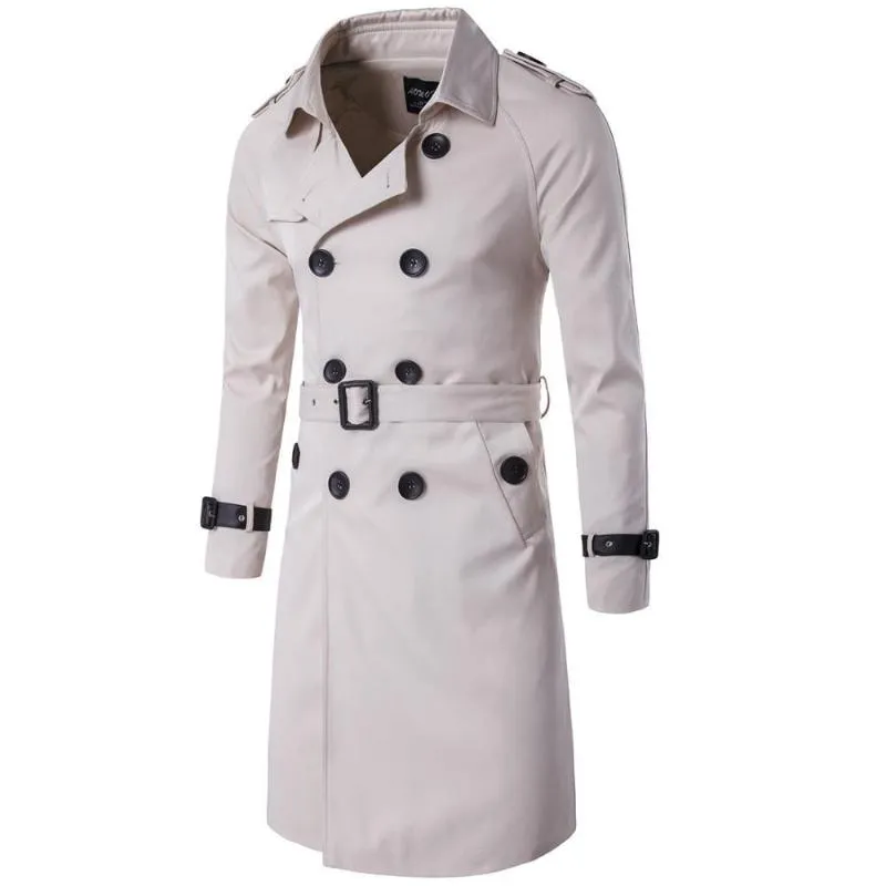 Men's Trench Coats Men Trenchcoat British Style Classic Coat Jacket Double Breasted Long Slim Outwear Adjustable Belt Leather Sleeve